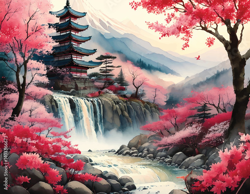 Breathtaking waterfall cascading through rocks with cherry blossoms and distant mountains. Idyllic nature scene with vibrant pink cherry blossoms, a waterfall, and lush mountains.