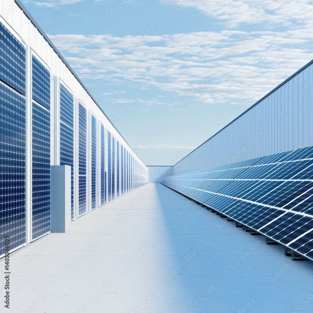 Fototapeta premium Renewable energy powered fulfillment center showing solar panels, EV fleet, and real-time energy efficiency analytics on wall screen., copy space for text - sustainable warehouse