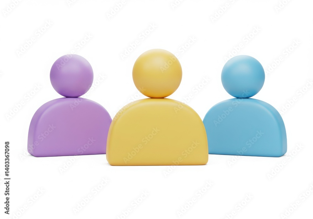 Three stylized figures in pastel colors on a plain white surface render Three stylized figures in pastel colors on a plain white surface render