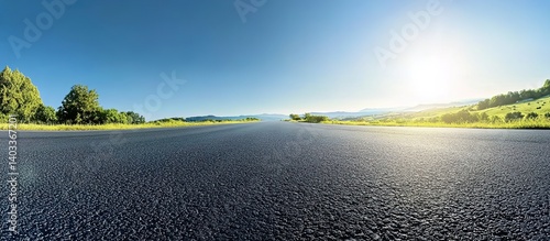 Asphalt road under bright sunlight stretching toward distant hills, green fields on both sides with scattered trees, wide-angle composition with gradient blue sky, serene rural landscape.