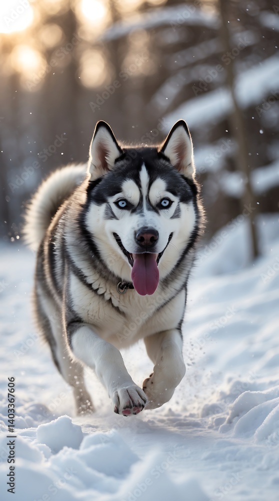 Husky running joyfully through fresh snow in a winter landscape Husky running joyfully through fresh snow in a winter landscape