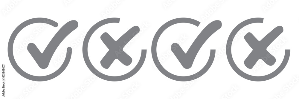 Check mark icon button set. Check box icon with right and wrong buttons and yes or no checkmark icons in green tick box and red cross. Check mark icon button set. Check box icon with right and wrong buttons and yes or no checkmark icons in green tick box and red cross.