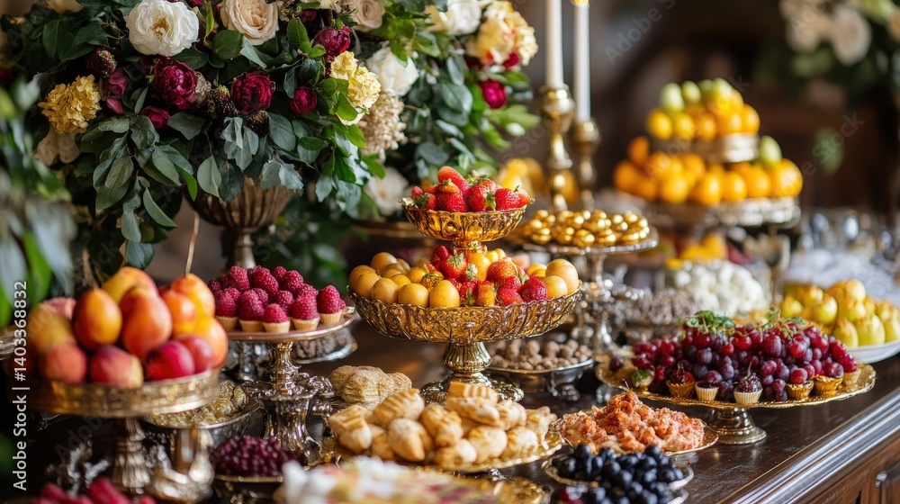 An Elaborate Display Showcasing Various Fruits Desserts And Flowers An Elaborate Display Showcasing Various Fruits Desserts And Flowers
