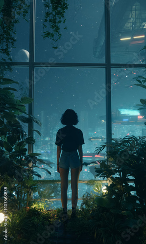Woman in Greenhouse Looking at Night Futuristic City, Female Seeing Urban Lights Amid Plants