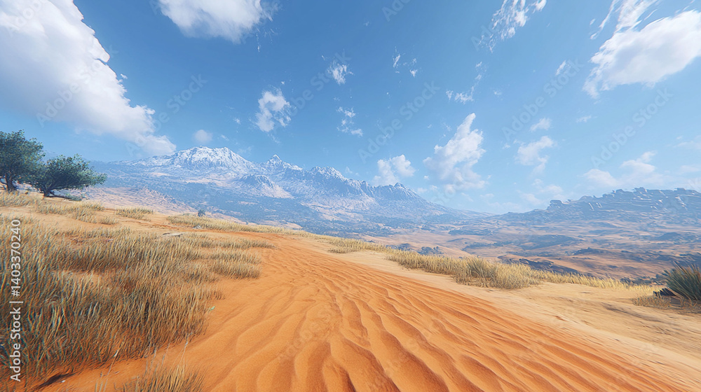 Fototapeta premium Vast desert landscape stretches to distant snow-capped mountains.