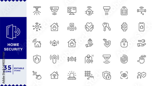  Pixel Perfect ,Set of Home Security web icons in line style. Guard, cyber security, password, smart home, safety, data protection, key, shield, lock, unlock, eye access. Security outline icon.