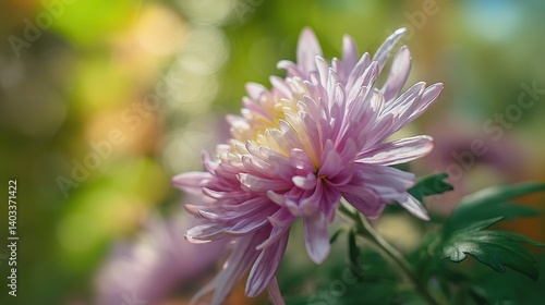 A close-up of an elegant chrysanthemum with soft purple petals in a subtle pink and yellow hue accentuates the delicate beauty of the flower, centered on one side of the picture.