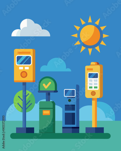 Even during power outages the solarpowered meters remained functional ensuring that parking regulations and fees were still enforced.. Vector illustration
