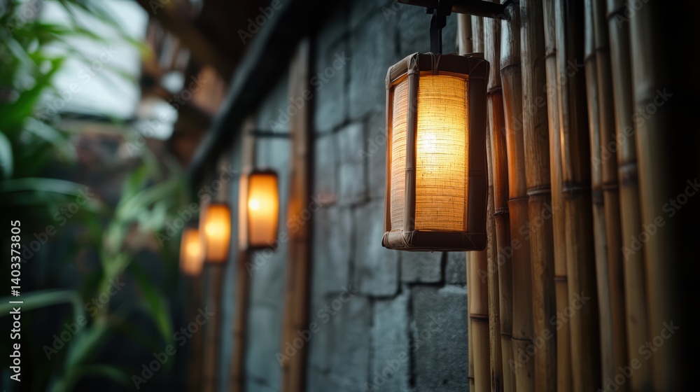 serene bamboo wall adorned with warm, glowing lanterns creates tranquil atmosphere, inviting relaxation and reflection in natural setting serene bamboo wall adorned with warm, glowing lanterns creates tranquil atmosphere, inviting relaxation and reflection in natural setting