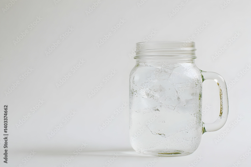 Clear glass jar filled with ice and water on a minimalist white background, ideal for refreshing drink visuals Clear glass jar filled with ice and water on a minimalist white background, ideal for refreshing drink visuals