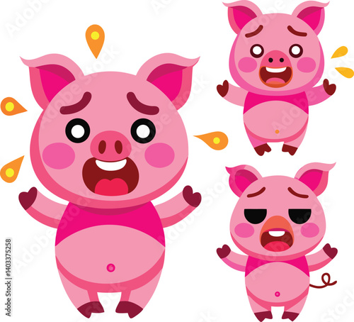 A set of pink pig emojis: embarrassed (sweat), greedy (drool), happy, bashful, dancing.