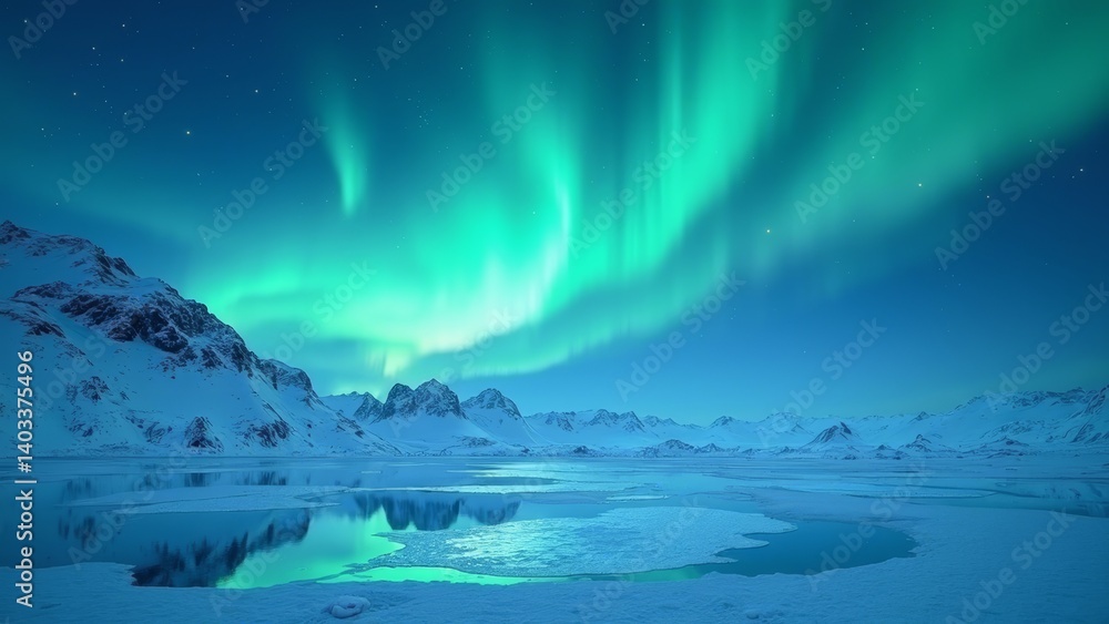 Naklejka premium Ice and Snow Wonderland under Aurora