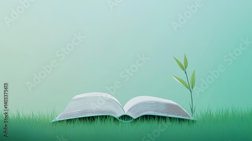 Obraz na płótnie An open book on lush grass with leaves sprouting from pages, symbolizing growth and knowledge w salonie