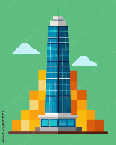 From afar the towering skyscraper may seem like any other but its solar panelcovered surface sets it apart a true innovator in sustainable design.. Vector illustration
