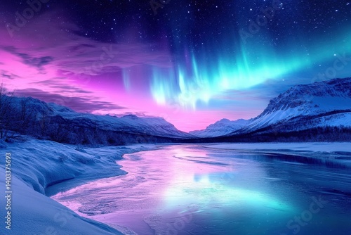 Vibrant colorful aurora borealis over a snowy frozen mountain landscape scene