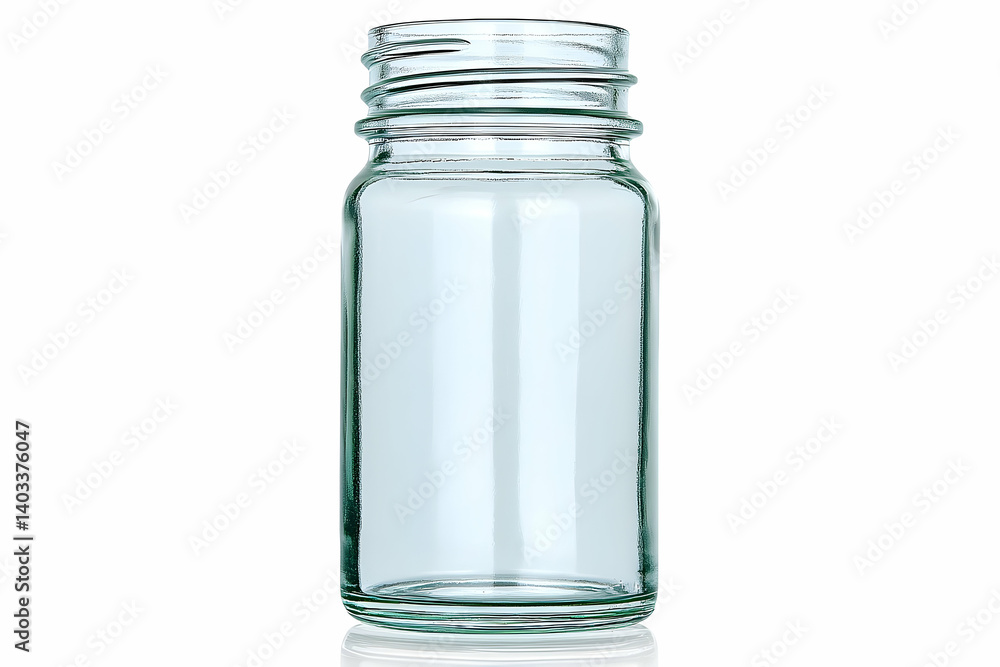 Clear glass jar standing upright on a white background, showcasing its empty interior and smooth surface Clear glass jar standing upright on a white background, showcasing its empty interior and smooth surface