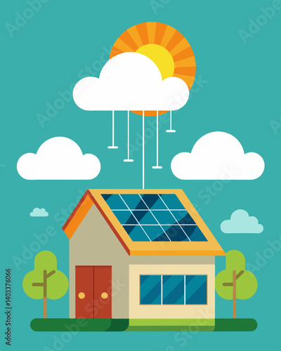 As the clouds parted the solarpowered warehouse hummed to life its rooftop panels soaking up the rays and providing energy for the busy operations below.. Vector illustration