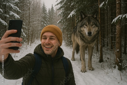 Influencer capturesa  selfie with Majestic Dire Wolf in Snowy Wilderness