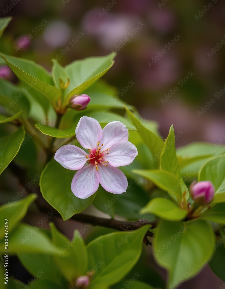 Delicate pink cherry blossom, solitary, nestled amongst vibrant green leaves, pink, leaf Delicate pink cherry blossom, solitary, nestled amongst vibrant green leaves, pink, leaf