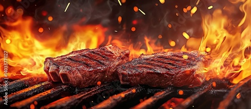 Juicy steak with deep grill marks sizzling on flaming barbecue, smoke rising through dramatic side lighting, close-up food photography emphasizing meat texture and glowing embers.