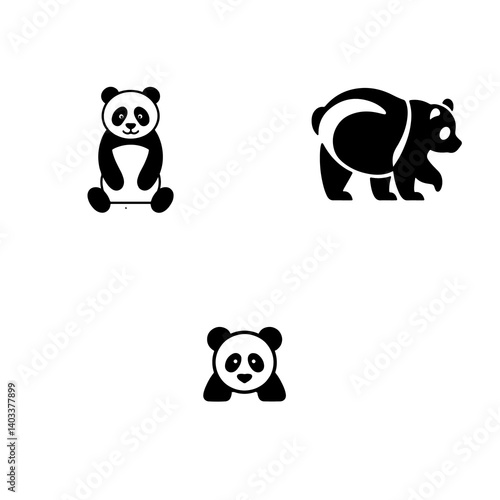 minimalist panda logo collection, vector panda icon set, black and white panda illustrations, simple cartoon panda face, cute animal branding, flat design, circular panda emblem, kawaii panda mascot,  photo
