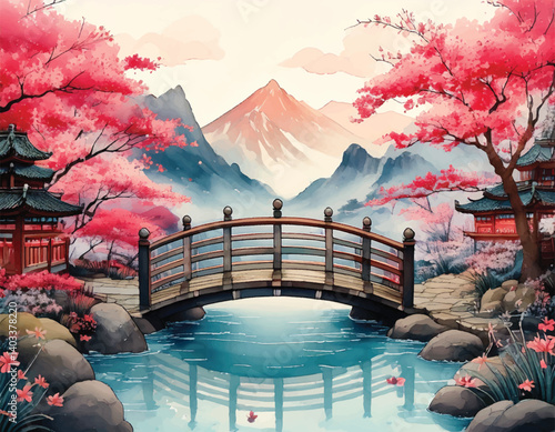 Tranquil landscape with a wooden bridge, cherry blossoms, and majestic mountains. Beautiful cherry blossom scene with traditional architecture and serene river reflection. Scenic view of a bridge 