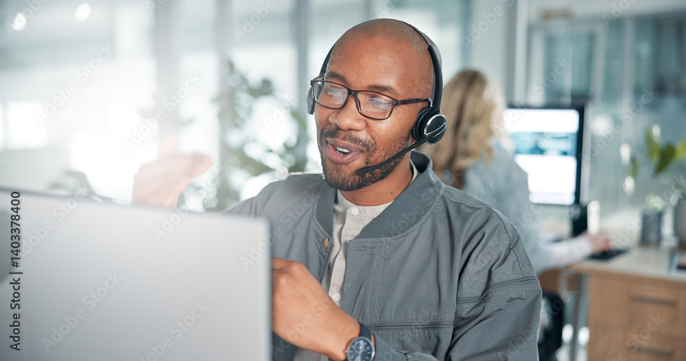 Computer, office and business man for customer service, online consulting and sales telemarketing. CRM company, administration and person with headset for communication, virtual assistant and contact Computer, office and business man for customer service, online consulting and sales telemarketing. CRM company, administration and person with headset for communication, virtual assistant and contact