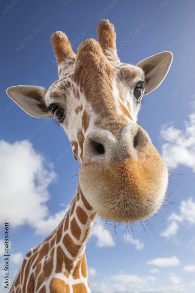 Naklejka premium Close-up of a Curious Giraffe Against a Clear Blue Sky