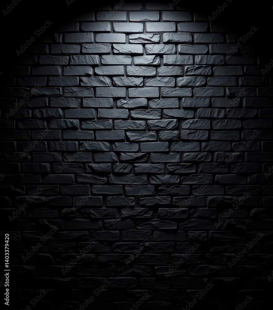 Rough-textured black brick wall, dark shadows, weathered, texture