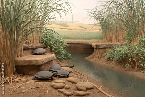 A freshwater river ecosystem with frogs, turtles, and reeds