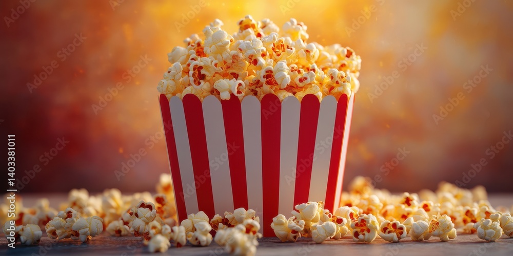 Delicious popcorn overflowing from a classic striped bucket ready for movie night Delicious popcorn overflowing from a classic striped bucket ready for movie night