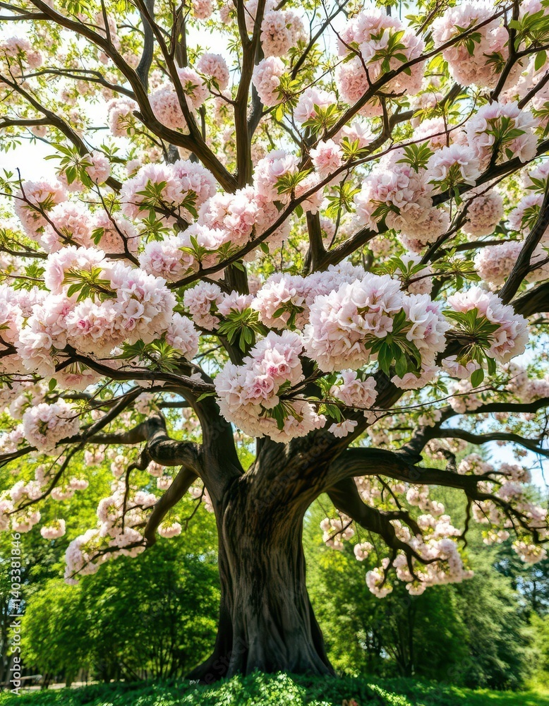 Obraz premium Ancient tree, blossoms overflowing, lush leaves, sunlight dappled, photography, park