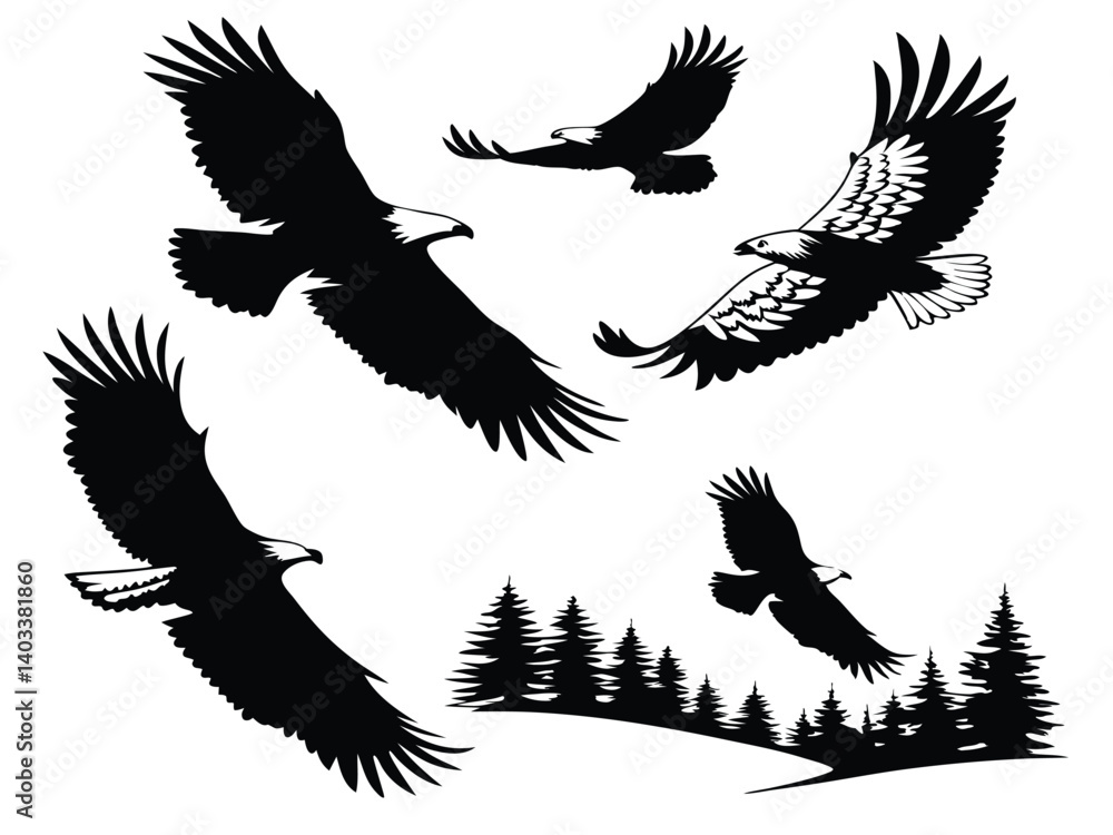 Obraz premium Double exposure-style vector: eagle in flight with a landscape (forest, lake, prey) within its wings