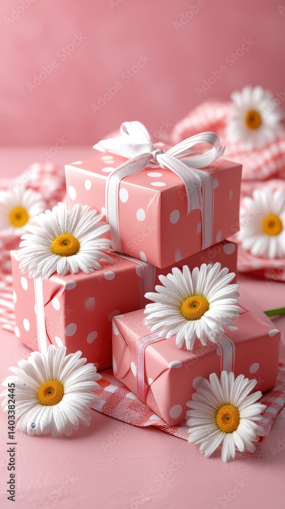 Obraz premium A stack of pink boxes with white polka dots on them