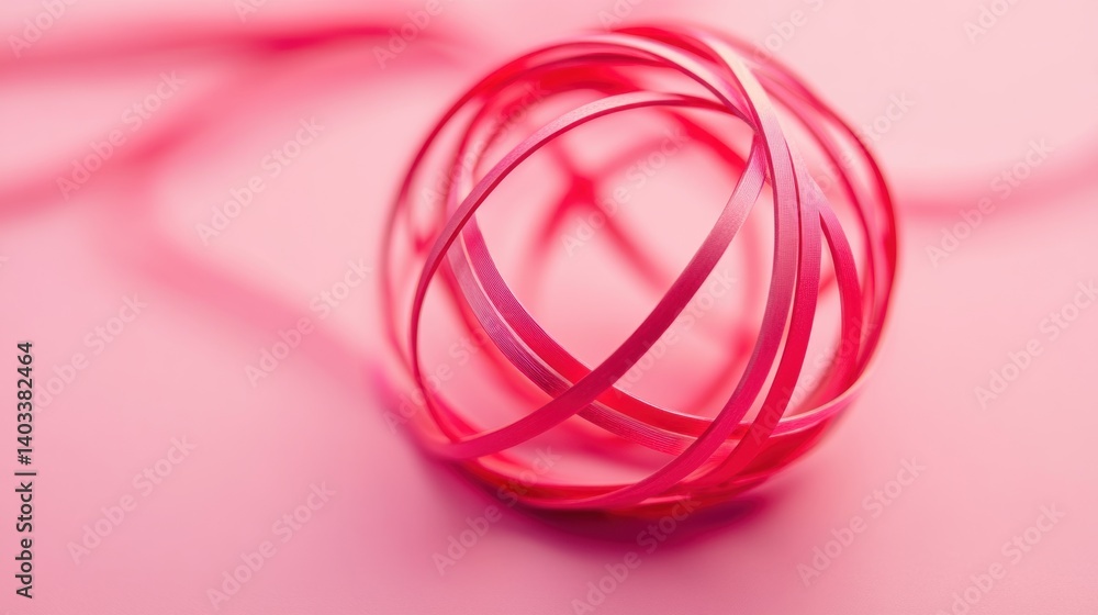 A close-up view of a pink ribbon sphere on a pink background. A close-up view of a pink ribbon sphere on a pink background.