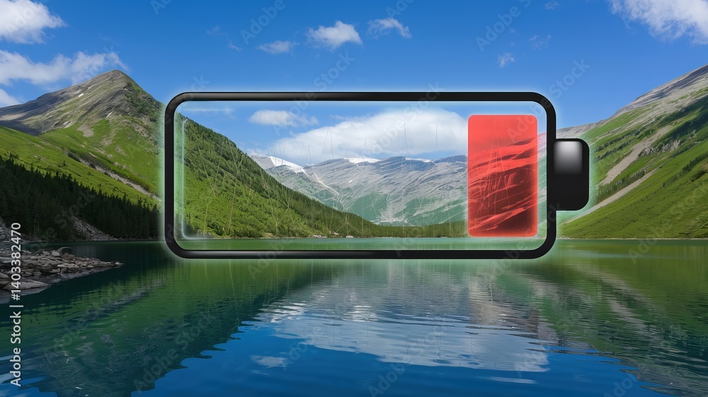 Fototapeta premium Digital Battery Display Over Landscape: Highlighting the contrast between battery life, nature, and our modern technological dependence.