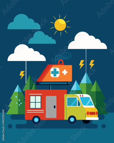As storms rage overhead a solarpowered emergency unit continues to provide aid to stranded travelers demonstrating the reliability of renewable energy.. Vector illustration