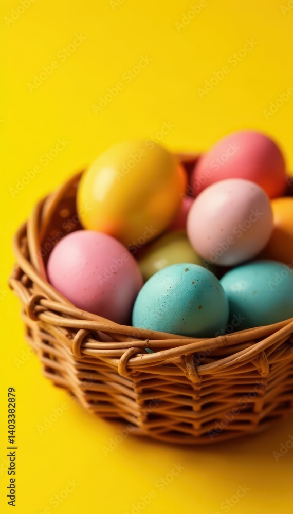 Vibrant painted eggs in wicker basket, yellow backdrop, yellow, colorful, festive Vibrant painted eggs in wicker basket, yellow backdrop, yellow, colorful, festive