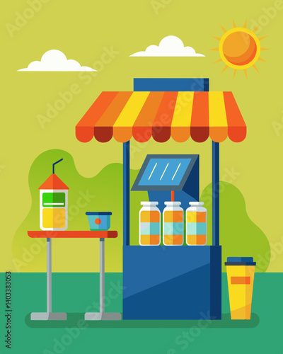 During an outdoor sporting event solarpowered vending kiosks provide thirsty and hungry fans with easy access to refreshments while helping decrease the events carbon footprint.. Vector illustration
