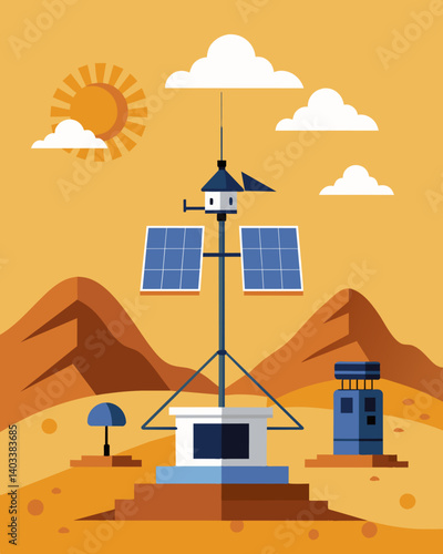 An offgrid weather station powered entirely by solar panels and strategically p in a remote desert location gathering valuable data on sandstorms and extreme temperatures.. Vector illustration