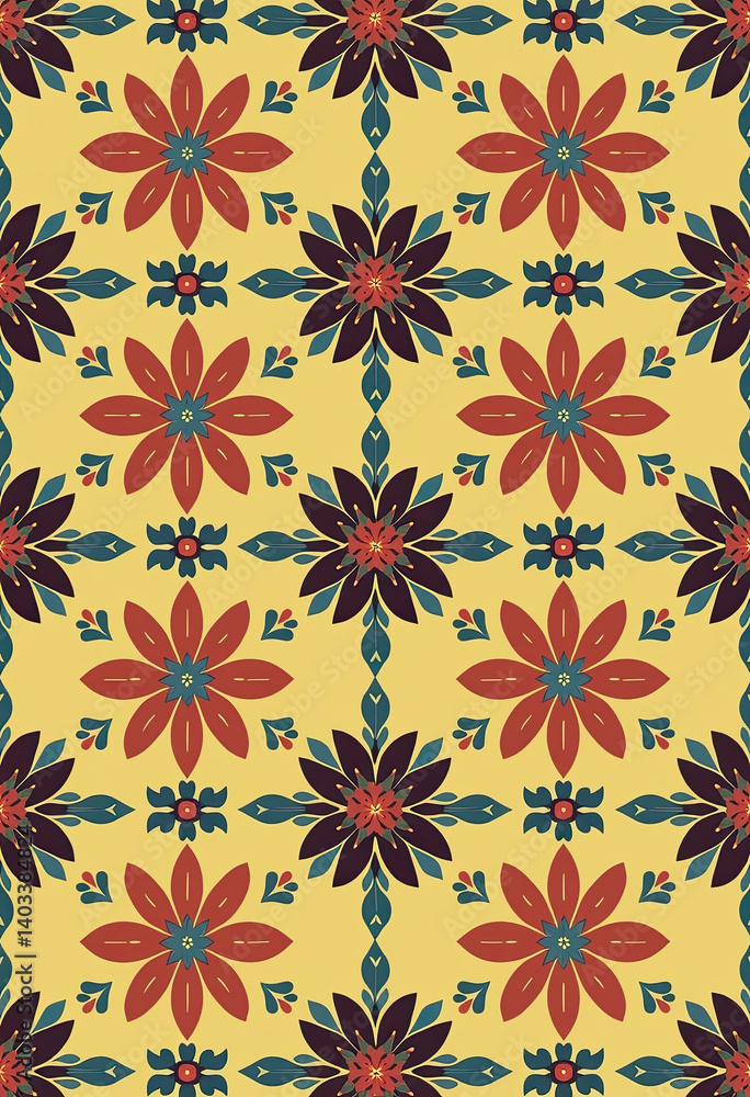 Experience the classic appeal of a seamless retro tile pattern, featuring symmetrical flowers in maroon and blue, set against a mustard yellow background in flat vector style.
Experience the classic appeal of a seamless retro tile pattern, featuring symmetrical flowers in maroon and blue, set against a mustard yellow background in flat vector style.