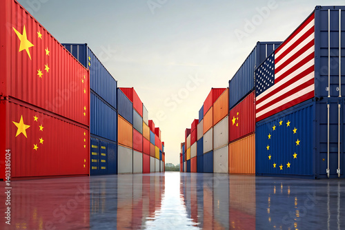 Flags of China United States and Europe with disarranged shipping containers, global trade concept