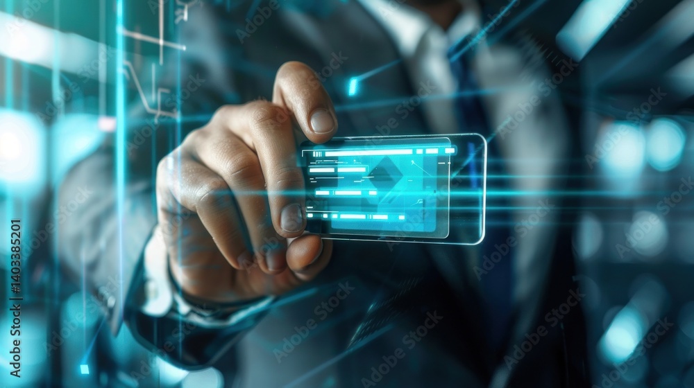 A man is holding a virtual mobile phone in his hand. A man is holding a virtual mobile phone in his hand.