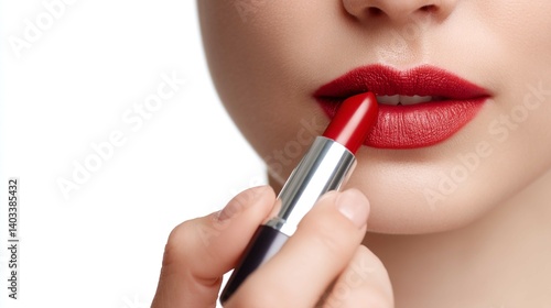 A woman's hand applies striking red lipstick to her lips in a close-up view.
