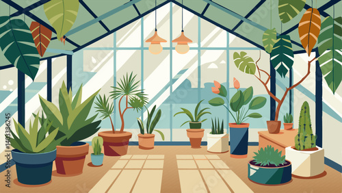 A sunroom filled with natural light and a variety of potted plants from small succulents to large ferns.