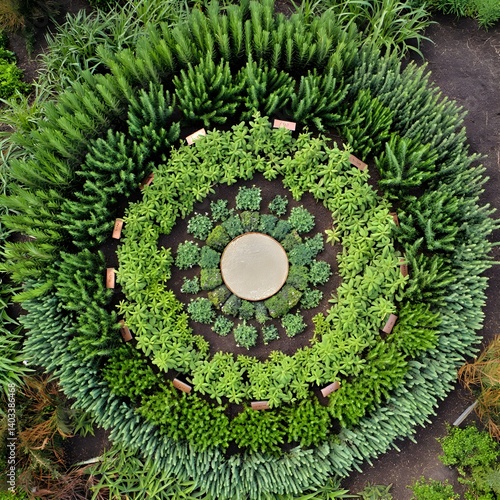 Aerial Spiral Herb Garden Design – Rosemary, Thyme & Sage in Concentric Rings with Stone Path