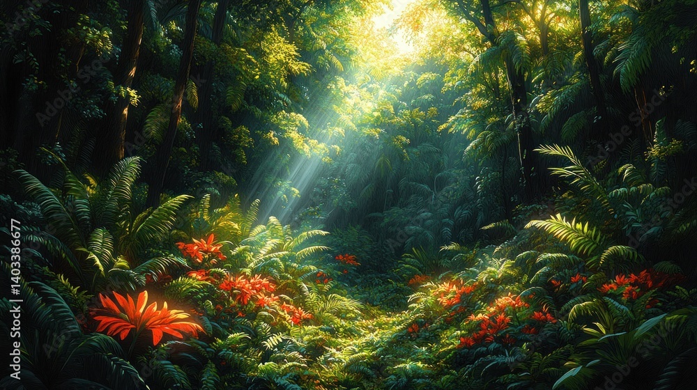 Sunbeams illuminate lush jungle path with vibrant red flowers and green foliage. Sunbeams illuminate lush jungle path with vibrant red flowers and green foliage.