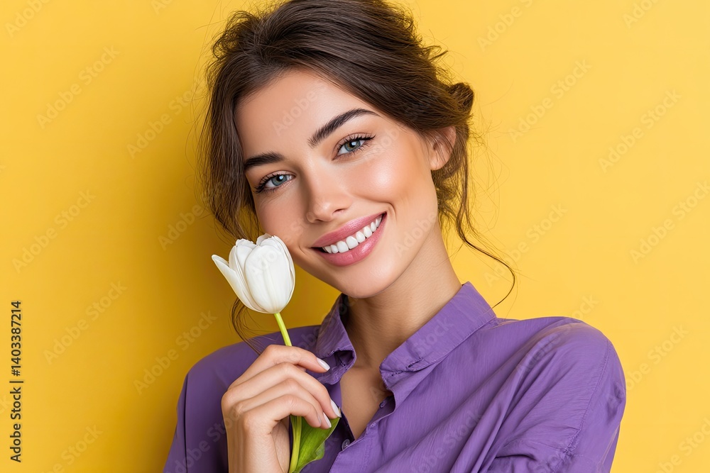 Portrait of a beautiful, smiling woman in a purple shirt holding a white tulip near her face, isolated on a yellow background. Portrait of a beautiful, smiling woman in a purple shirt holding a white tulip near her face, isolated on a yellow background.