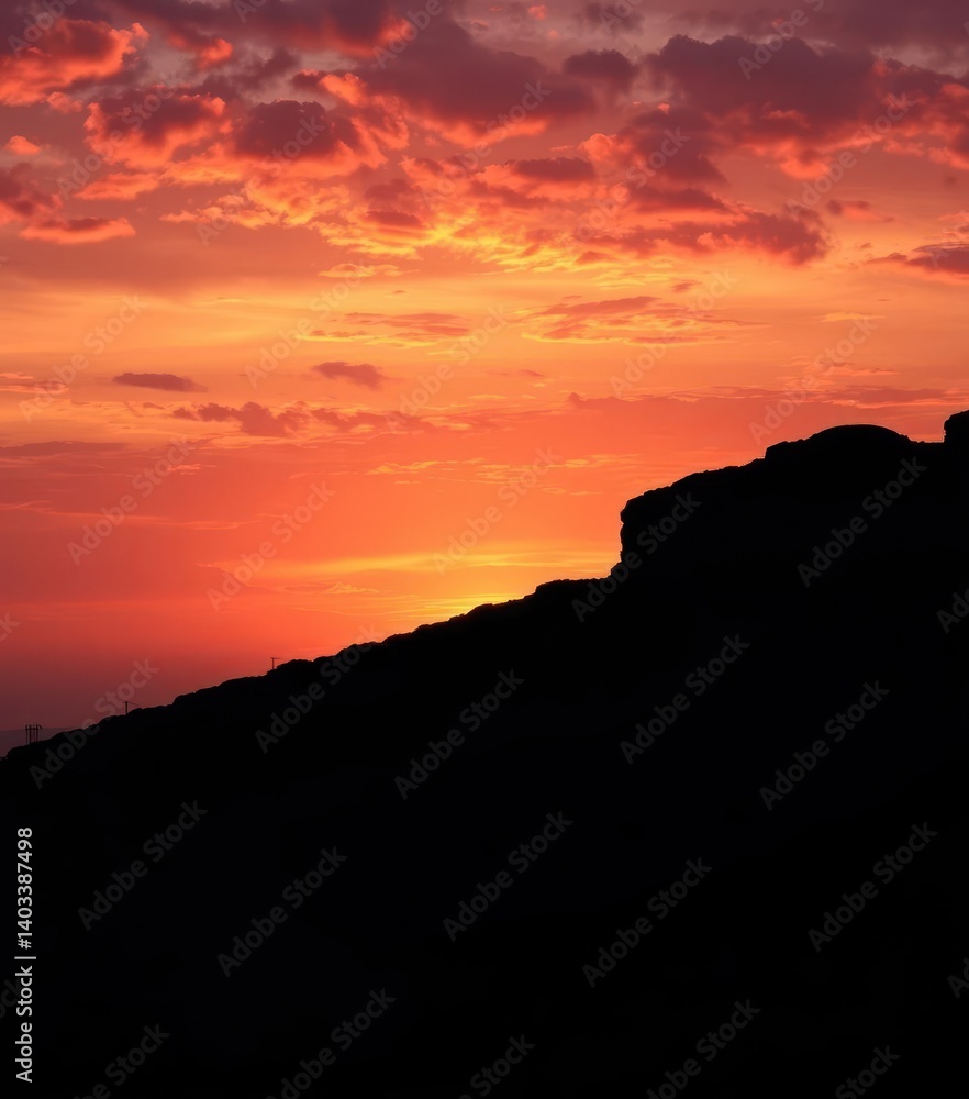 Ancient wall silhouetted against fiery sunset sky, sunset, silhouette Ancient wall silhouetted against fiery sunset sky, sunset, silhouette