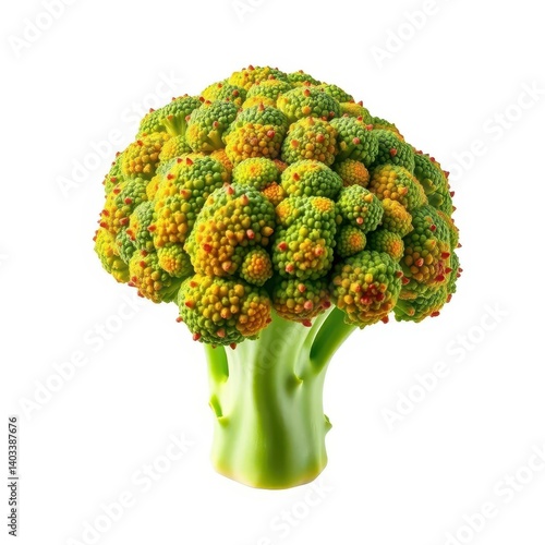 A vibrant head of broccoli, isolated against a pure white background, leaf, detail, food photography